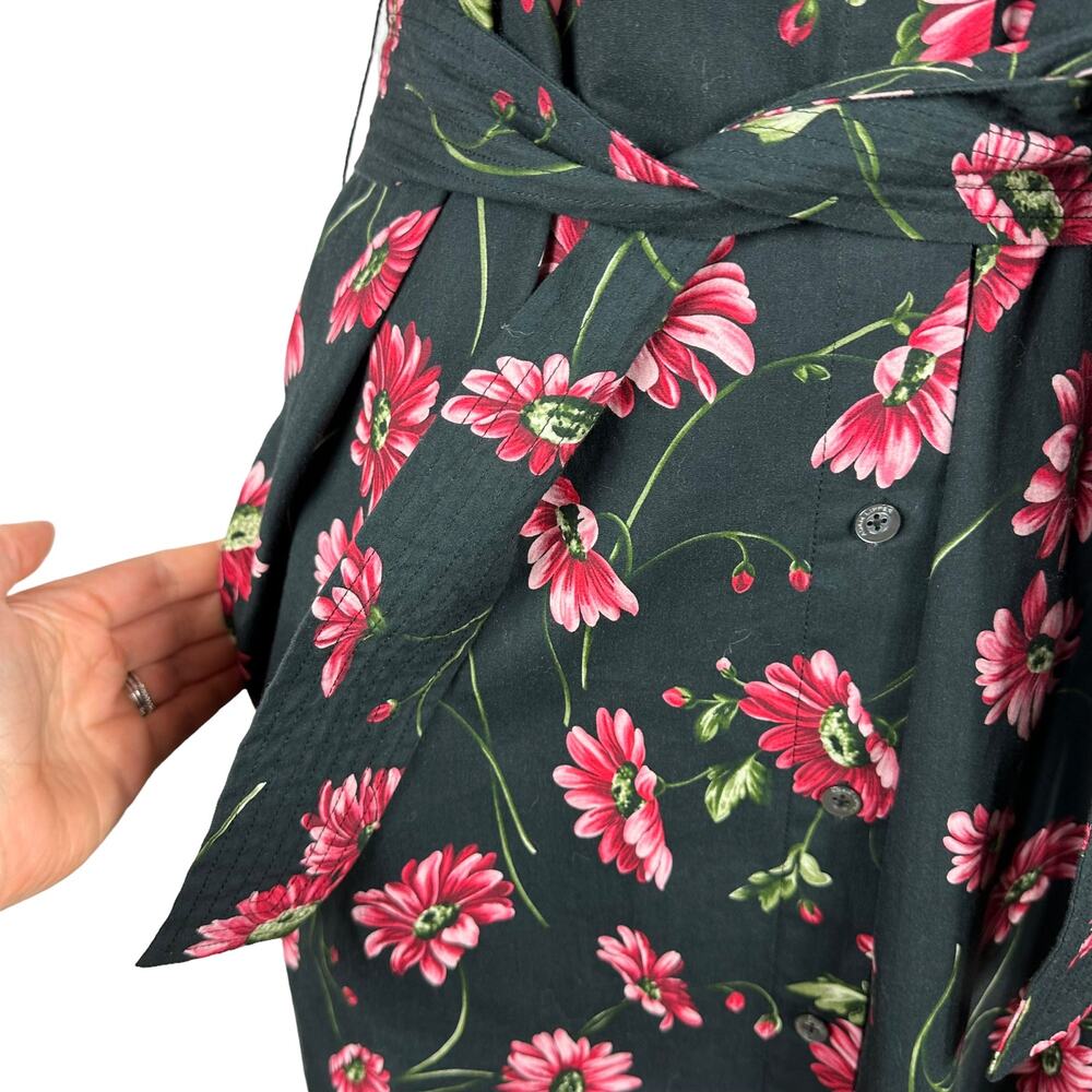 ADAM LIPPES Black Pink Floral Button Down Belted Shirt Dress Midi‎ Long Cotton - Picture 5 of 7